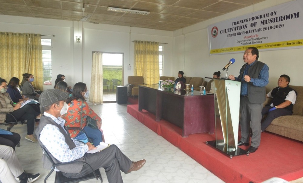 Additional Director, Horticulture, Qhutovi delivering the keynote address during the inaugural of training programme on mushroom cultivation at the Conference Hall, Directorate of Horticulture, Kohima on October 21. (DIPR Photo)
